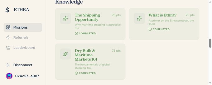 A screenshot of the ETHRA platform showing a 'Knowledge' section with three completed mission cards: 'The Shipping Opportunity' (75 pts), 'What is Ethra?' (75 pts), and 'Dry Bulk & Maritime Markets 101' (75 pts), with the user's wallet address '0xAc57...aB87' visible in the sidebar.
