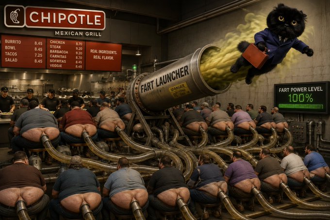 A surreal, AI-generated image depicts a Chipotle Mexican Grill restaurant where customers are connected via tubes to a large "FART LAUNCHER" device, with a black cat being propelled out of the cannon as a "FART POWER LEVEL 100%" meter glows in the background—satirizing the "fartlaunch" meme concept with absurd, chaotic humor.