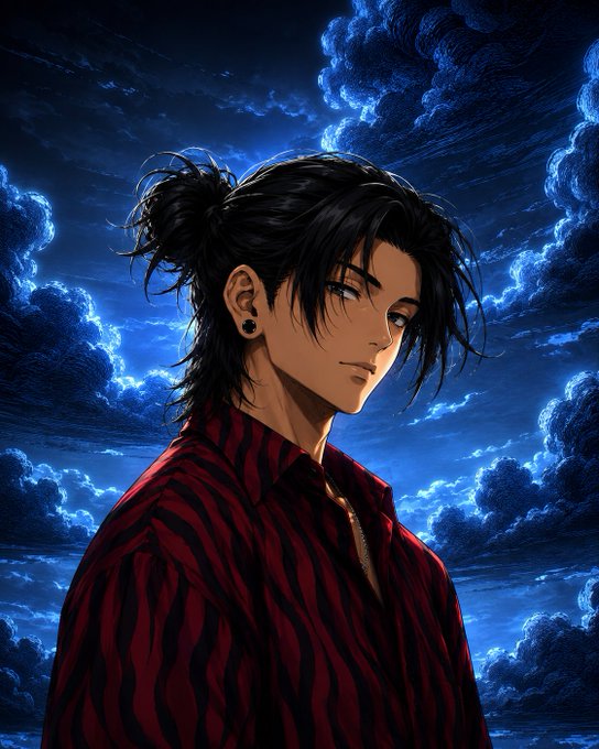 An anime-style illustration depicts a young man with long dark hair tied in a bun, wearing a red and black striped shirt against a backdrop of dark blue, swirling clouds.