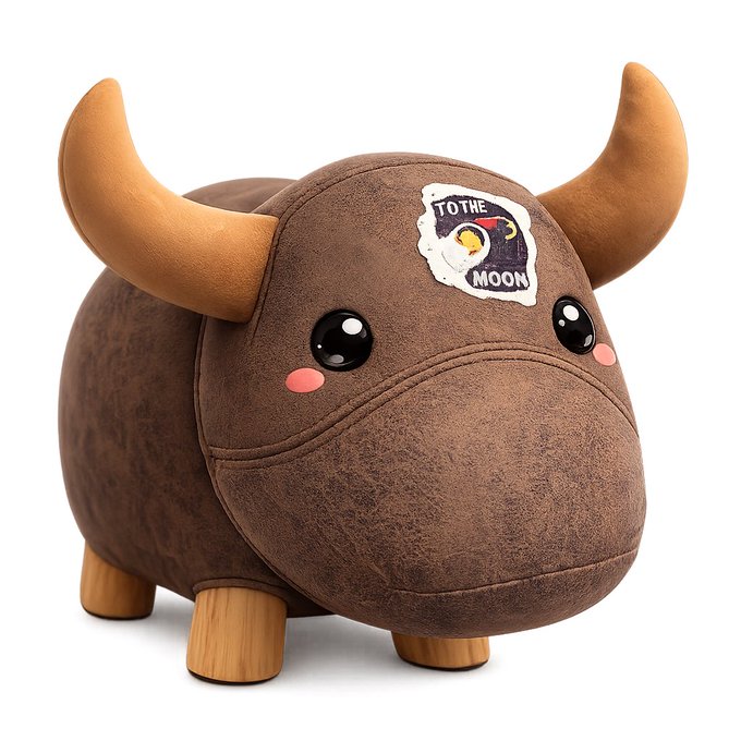 A plush brown bull figurine with wooden legs and a 'TO THE MOON' mission patch on its forehead, styled like a cute toy.