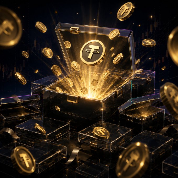 A 3D-rendered illustration shows an open glass treasure chest overflowing with golden coins bearing a 'T' symbol, surrounded by smaller chests and glowing financial chart elements against a dark background.