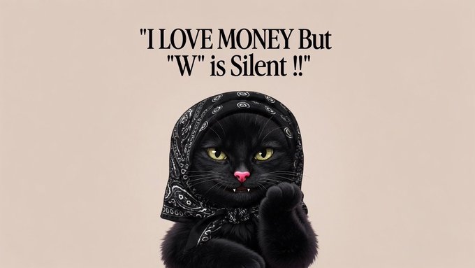 A black cat wearing a bandana displays its teeth beneath the text 'I LOVE MONEY But "W" is Silent !!'.