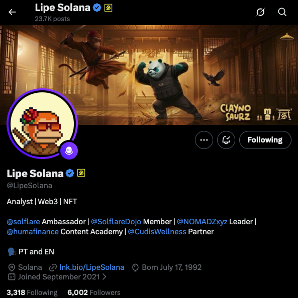 A Twitter/X profile page for 'Lipe Solana' (@LipeSolana) with a header image showing a panda martial artist fighting a monkey warrior labeled 'CLAYNO SAURZ'. The bio lists affiliations including @solflare Ambassador, @SolflareDojo Member, @NOMADZxyz Leader, @humafinance Content Academy, and @CudisWellness Partner.