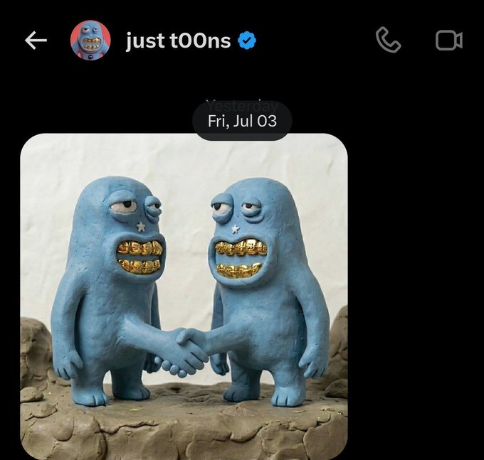 A Twitter/X post from verified user 'just t00Ns' showing a claymation-style image of two blue monster figures with gold teeth shaking hands.