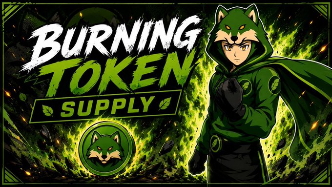 A hooded wolf mascot stands amid green and yellow flames beside the bold text "BURNING TOKEN SUPPLY," visually reinforcing the announcement that 0.5% of tokens from the dev wallet have been burned, with a link to the on-chain burn transaction included for verification.