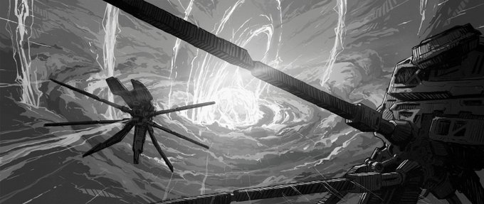 A grayscale sci-fi scene shows a heavily armed spacecraft confronting a glowing cosmic vortex. It reflects the post’s vision of NFT “renaissance” and chain-level alignment, replacing Quotrons404’s Brokers boost with a Templars boost on Inkonchain.