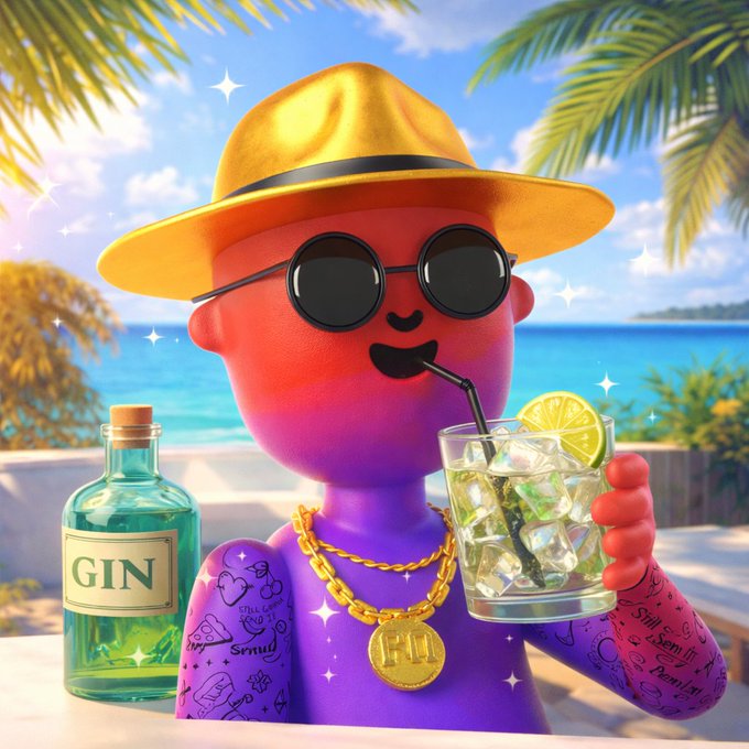 A colorful 3D-rendered character with a pink-purple gradient wearing a yellow hat and sunglasses, holding a gin and tonic next to a 'GIN' bottle on a tropical beach.