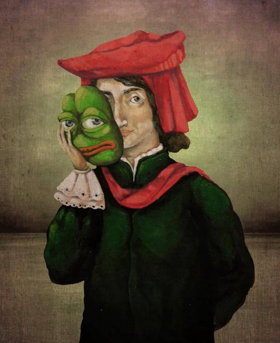 A painting styled after the classic Renaissance "Portrait of a Young Man" features a figure in a green robe and red cap holding the iconic sad Pepe the Frog mask beside his face, blending traditional art with meme culture. The juxtaposition creates a humorous, surreal take on the "gm frens" greeting, combining high art aesthetics with internet absurdity.