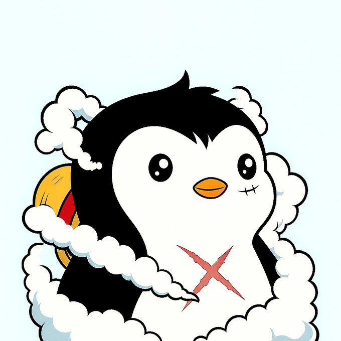 The image features a cartoon penguin with a red cross over its chest, surrounded by white clouds that give it an ethereal appearance. The penguin appears to be wearing a hat and has a sword crossed across its chest. The background of the image is a light blue color, which contrasts nicely with the white clouds surrounding the penguin. There are no texts or other objects in the image, making it a simple yet striking visual composition.