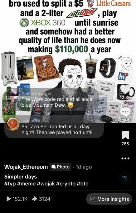 A Wojak meme video captioned "bro used to split a $5 Little Caesars and a 2-liter Mountain Dew, play Xbox 360 until sunrise and somehow had a better quality of life than he does now making $110,000 a year," showing nostalgic simpler gaming days with 152.1K views, 3.1K shares, and 12.8K likes, posted by Wojak_Ethereum to promote the $WOJAK token's viral potential on TikTok.