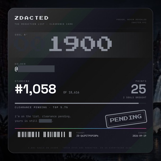 A 'ZDACTED' clearance card shows Soul No. 1900, holder ranking #1,058 of 18,616, with 25 points (2 souls brought) and a 'PENDING' status stamp issued on 2026-09-19.