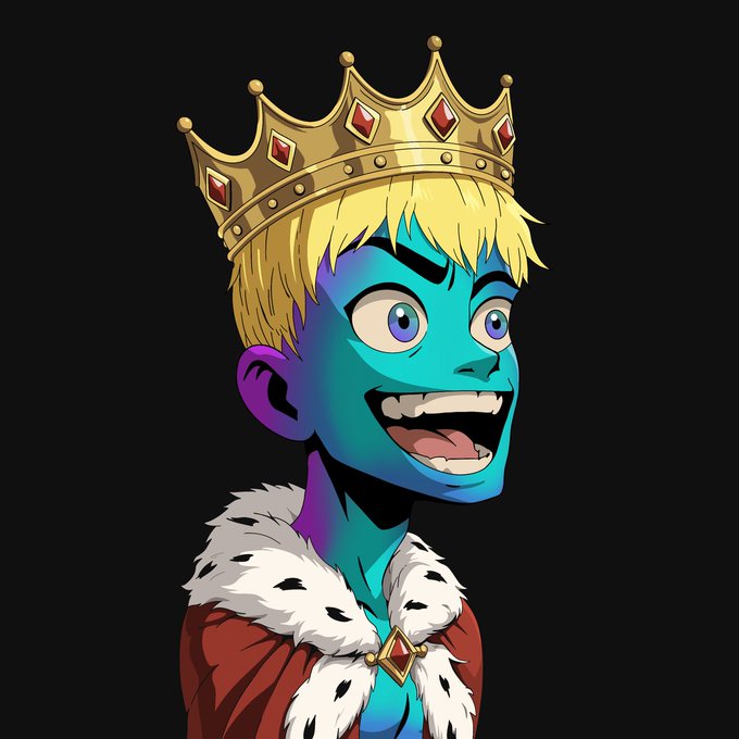 A cartoon character with blue skin, blonde hair, and a golden crown with red jewels wears a regal red robe with white ermine fur trim, smiling excitedly. The royal "king" imagery symbolizes the authority and rewards of staking, aligning with the announcement that holders are now being "paid" for their loyalty and conviction.