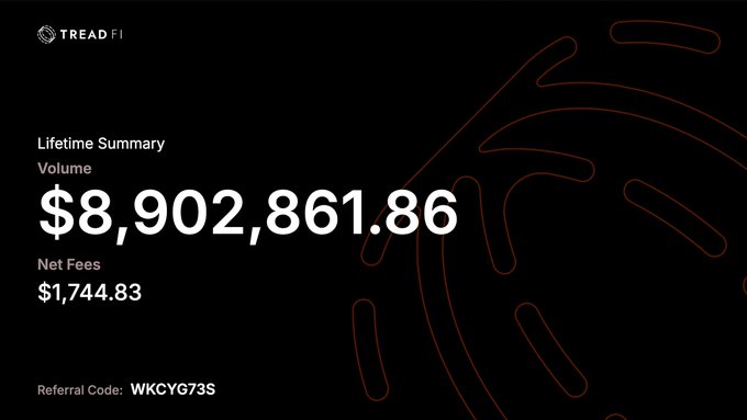 A dark dashboard displaying a TREAD FI 'Lifetime Summary' with a volume of $8,902,861.86, net fees of $1,744.83, and referral code 'WKCYG73S'.
