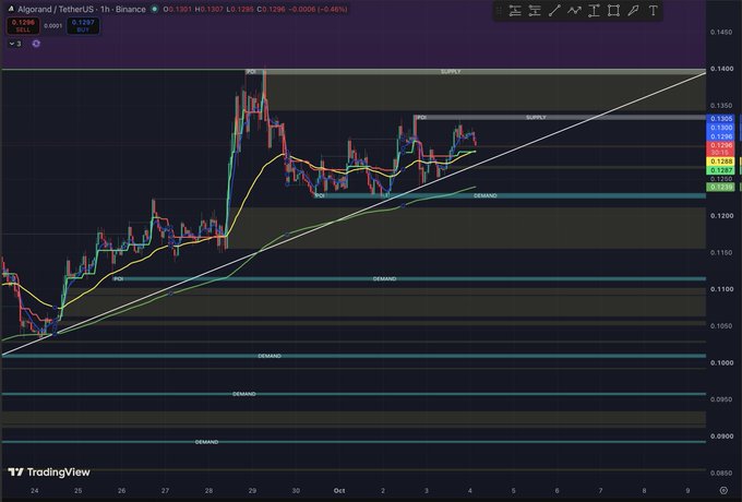 A TradingView chart of Algorand/TetherUS on Binance shows price action with supply and demand zones, moving averages, and a current price of 0.1297, down 0.48%.