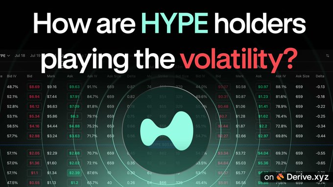 The image features a Derive.xyz options order book for HYPE (Hyperliquid's token), highlighting how holders are playing volatility through sophisticated options strategies. The display shows options pricing data with bids, asks, and implied volatility, complementing the post's mention of traders shorting August/September puts at $55–58 and going long September calls at $100–110 to farm volatility rather than selling their HYPE/kHYPE holdings.
