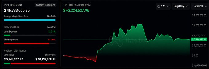 A HyperBot perpetual trading dashboard displaying a Perp Total Value of $46,783,655.35, an Average Margin Used Ratio of 100.34%, Direction Bias Neutral, and a 1W Total PnL chart showing $3,224,627.96.
