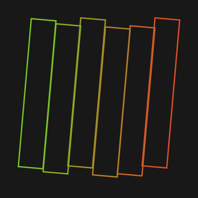 A minimalist digital illustration showing seven vertical rectangular outlines arranged side-by-side against a black background, colored in a gradient from green to yellow to orange and red.