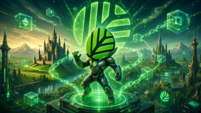 A fantasy illustration of a green and black armored character with a leaf symbol on its head, standing on a platform surrounded by glowing green digital cubes and a castle landscape.