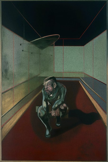 A dark, surreal painting depicting an ape-like figure crouching in a long, empty hallway with green walls and a red floor.