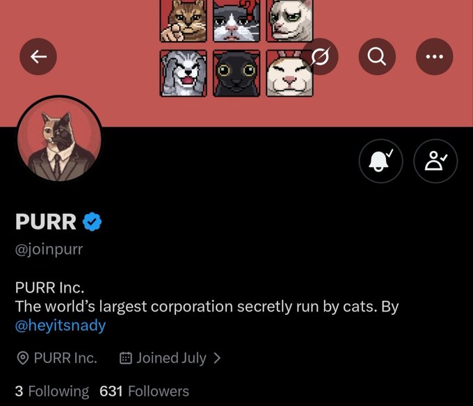 The image shows the X (Twitter) profile page of PURR (@joinpurr), a verified account with 631 followers, described as "PURR Inc. - The world's largest corporation secretly run by cats," created by @heyitsnady. The banner features pixel-art cat characters while the profile picture shows a cat in a suit—visually reinforcing the brand's playful cat-secretly-runs-a-corporation concept that's central to the post's announcement of the upcoming PURR NFT collection on Robinhood Chain.