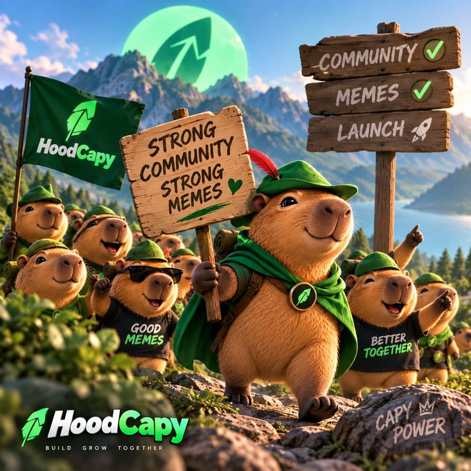 HoodCapy promotional image featuring cartoon capybaras with signs reading 'STRONG COMMUNITY STRONG MEMES', 'COMMUNITY ✓', 'MEMES ✓', 'LAUNCH 🚀', wearing shirts saying 'GOOD MEMES' and 'BETTER TOGETHER', with the tagline 'BUILD GROW TOGETHER'.