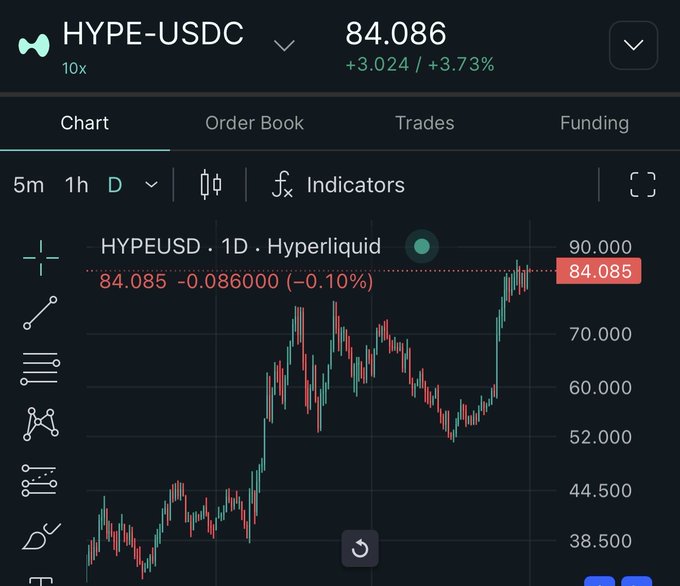 A Hyperliquid trading interface displays the HYPE-USDC perpetual contract (10x leverage) at $84.086, up +3.73% (+$3.024), with a daily candlestick chart showing HYPEUSD reaching an intraday high near $90.000—visually reinforcing the celebratory "HYPE day" post with the token's recent price surge.
