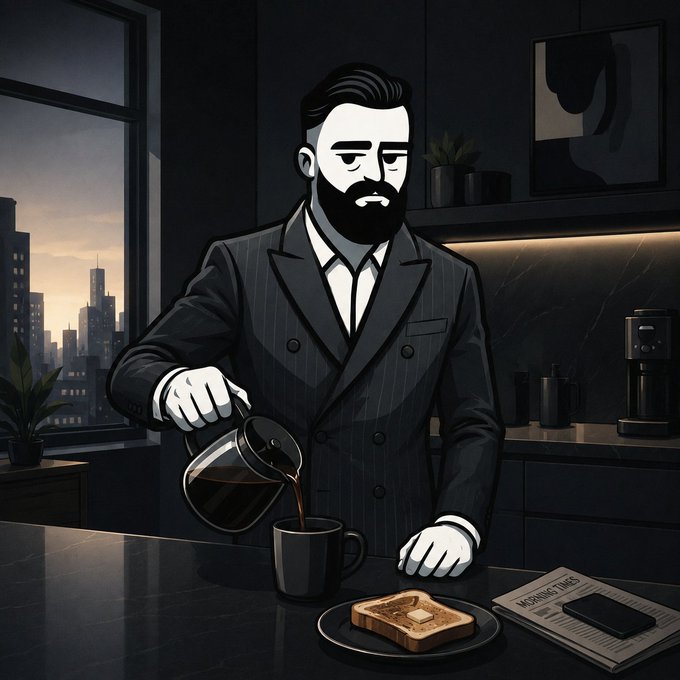 A black-and-white animated illustration of a bearded man in a pinstripe suit pouring coffee into a mug, with toast on a plate and a newspaper on the counter.