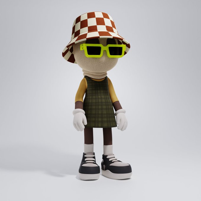 A 3D-rendered cartoon character with a faceless knit mask wears a brown and cream checkered bucket hat (matching the post's "Chestnut Checkers Bucket Hat" description) along with bright yellow sunglasses, a green plaid dress, white gloves, and chunky black and white sneakers.
