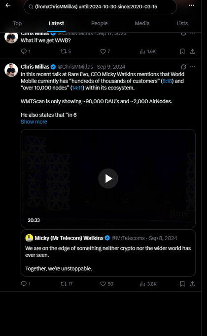 A Twitter/X search showing posts by Chris Millas and Micky (@MrTelecoms) Watkins discussing World Mobile's ecosystem with hundreds of thousands of customers and AirNodes.