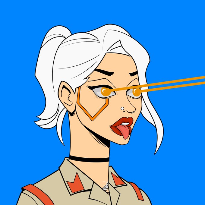 An illustration of a woman with white hair in a ponytail, wearing orange-tinted sunglasses that shoot golden laser beams, a nose ring, and a beige military-style jacket with red star accents, against a blue background.