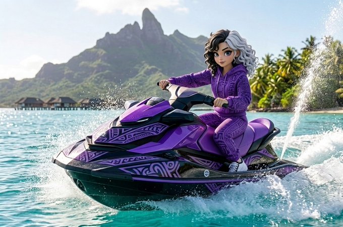 A stylized image of a character with half-black, half-white curly hair wearing a purple outfit riding a purple jet ski across tropical waters with mountains in the background.