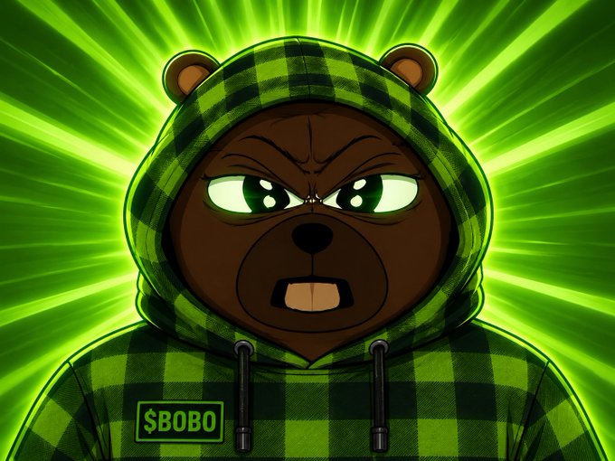 A cartoon brown bear character with an angry expression wearing a green and black plaid hoodie that reads '$BOBO', set against a vibrant green radial background.