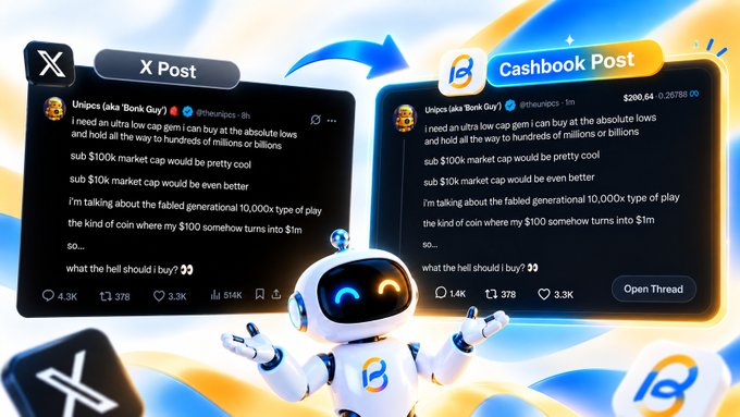 A promotional graphic shows a Twitter post by "Unipcs (aka 'Bonk Guy')" about buying low-cap gems being mirrored onto the "Cashbook Post" platform, accompanied by a friendly robot mascot.