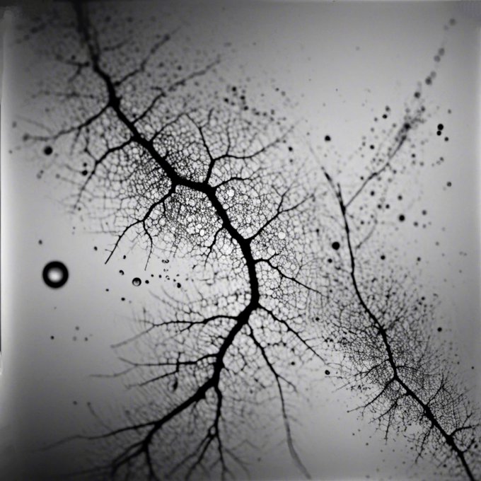 The image features a black and white photograph of a tree branch with numerous small dots scattered across its surface, creating an abstract pattern. The dots are not evenly distributed, adding texture and depth to the scene. The background appears to be a plain white wall or canvas, which contrasts with the dark branches and dots on the foreground. The image is titled "Ink Collider" in the caption, suggesting that it may have been taken during an art project involving ink collage techniques.