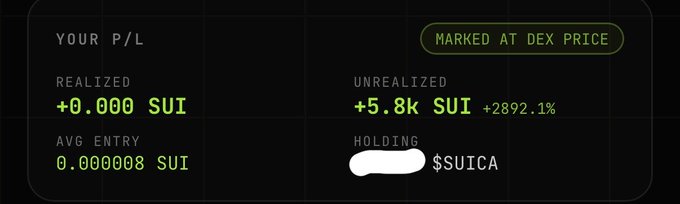 A cryptocurrency P/L dashboard shows unrealized gains of +5.8k SUI (+2892.1%) marked at DEX price for $SUICA, held since launch with an average entry of 0.000008 SUI, reflecting the massive early-stage return on the Suica the Rabbit token at wallet address 0x61b5...923c.