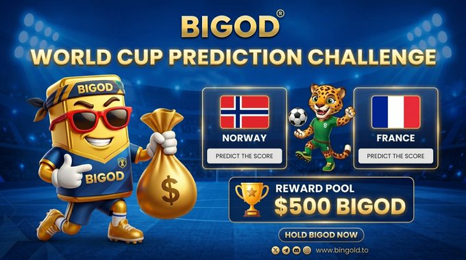 The image displays a cartoon gold character wearing sunglasses and holding a suitcase, with a sports ball and flag nearby suggesting that they are participating in an outdoor soccer match. The backdrop depicts a stadium filled with people watching and cheering for their teams during what appears to be World Cup predictions challenge. The text on the banner below reads "BIGOD #WORLDCUP prediction Challenge reward pool $500 #BIGOD token Repost this post Comment your prediction below Entries close before kick-off".