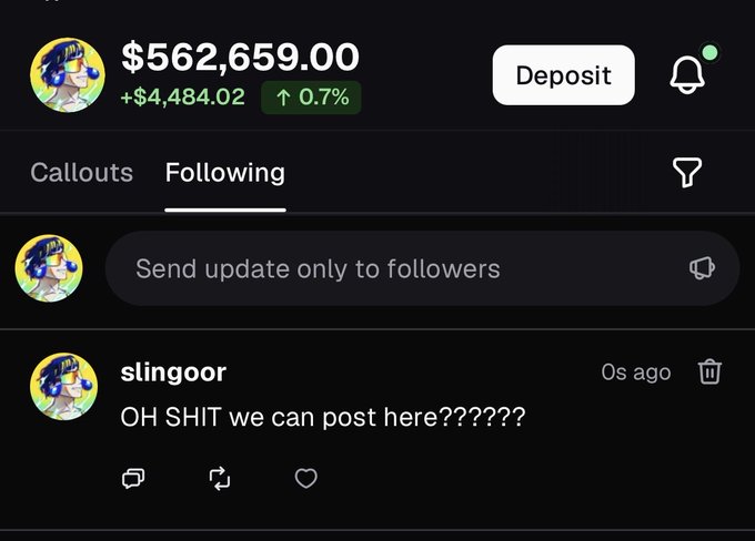 The image shows a Pump.fun user profile displaying a portfolio balance of $562,659.00 (+$4,484.02, up 0.7%), with the user "slingoor" posting "OH SHIT we can post here?????" in the Following feed. The screenshot illustrates the post's sentiment that users now have a social/community platform on Pump.fun, eliminating the need for Twitter.