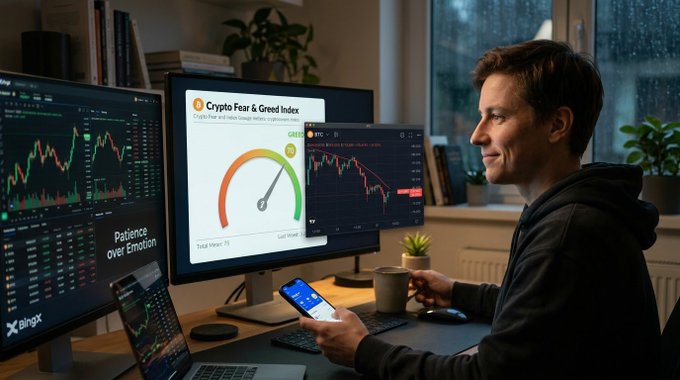 A man sits at a desk with multiple monitors displaying cryptocurrency charts, including a 'Crypto Fear & Greed Index' gauge and a BingX trading platform, with the text 'Patience over Emotion' visible.