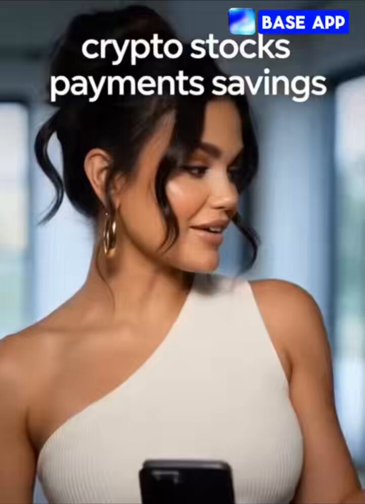 The image features a woman wearing a white top, holding a cell phone with her left hand while looking at something else with her right hand. The background of the image shows a window or a door, but there are no other visible texts or objects in the scene. The focus on the woman and her interaction with the cell phone suggests that she might be using an app related to crypto stocks payments savings.