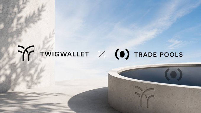 The image shows a partnership announcement between TwigWallet and Trade Pools, featuring their logos displayed against a serene minimalist background of a circular pool and textured wall under a blue sky. The TwigWallet logo (stylized "W" branches) and Trade Pools logo (circular symbol) are connected by an "X," visually reinforcing the collaboration described in the post about TwigWallet's self-custodial RWA wallet functionality.