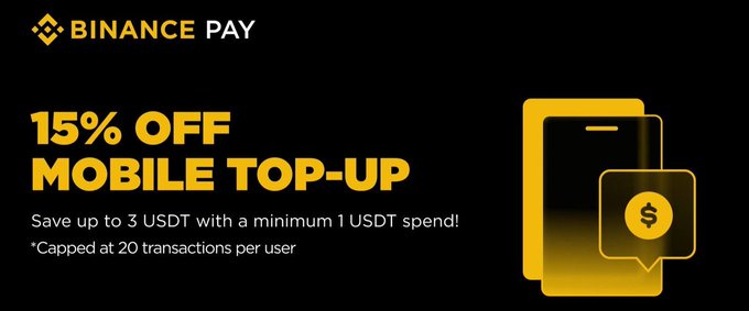 The image presents a black background with a white text box containing information about a 15% OFF mobile top-up offer from BinancePay. The text instructs users to "Save up 3 USDT with 1 USDT spend" to avail of this promotional deal, and it offers a cashback service of "Capped at 20 transactions per user". Additionally, the image includes a cellphone graphic showing a new balance of $15 after taking advantage of this offer from BinancePay.