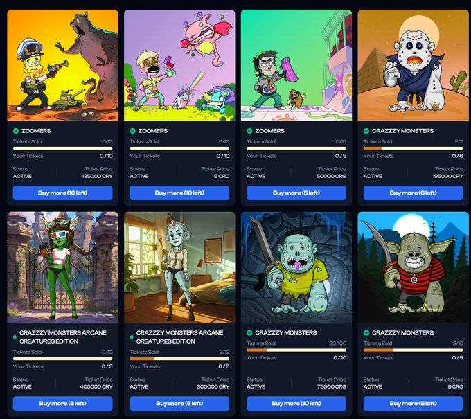 A digital marketplace displaying eight NFT collections including 'Zoomers', 'Crazy Monsters', and 'Crazy Monsters Arcane Creatures Edition', each with ticket prices ranging from 6 ORO to 750,000 ORY and buy buttons.