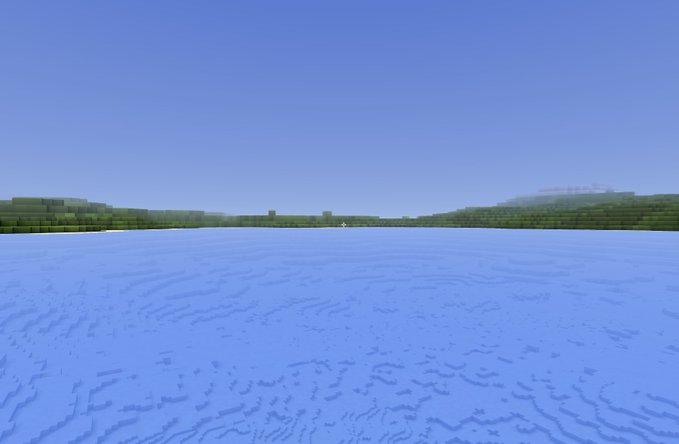 A Minecraft-style landscape showing a wide, light blue water surface beneath a clear sky, with blocky green landmasses on the horizon.