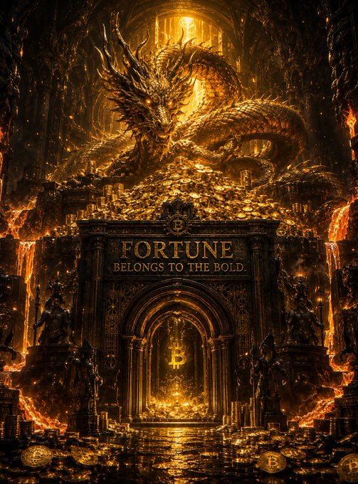 Dramatic fantasy artwork of a golden dragon perched atop a pile of treasure, with a gate inscribed 'FORTUNE BELONGS TO THE BOLD' and a Bitcoin symbol.