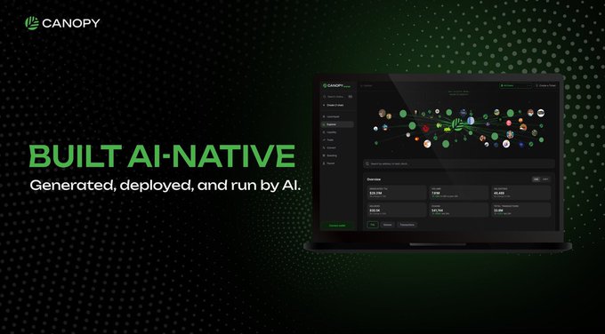 Promotional banner for Canopy featuring the text 'BUILT AI-NATIVE - Generated, deployed, and run by AI' alongside a laptop displaying a dashboard with connected nodes.