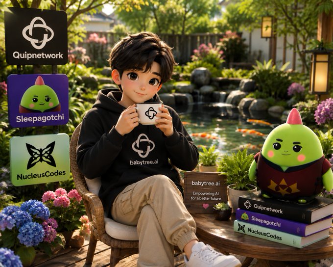 The image features a young boy sitting at a table with a cup of coffee, surrounded by various objects such as books, plants, and a stuffed animal. The scene takes place outdoors, possibly in front of a garden or park setting. In the background, there are three signs that read "Quip network", "Sleeping bags", and "Nucelode". These signs suggest that this image is related to an event or gathering involving Quip networks, sleeping bags, and plants. The boy's presence in front of these objects indicates a connection between his location and the theme of the event.