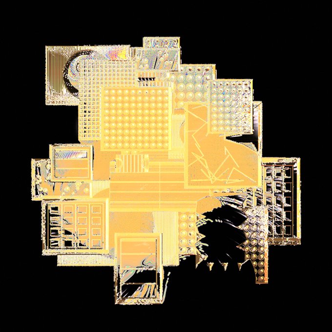 An abstract digital artwork displaying overlapping geometric shapes, grids, and circuit-like patterns in shades of gold and silver against a black background.