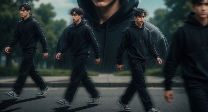 A stylized, multi-exposure image showing several instances of a young man in a black hoodie walking outdoors.
