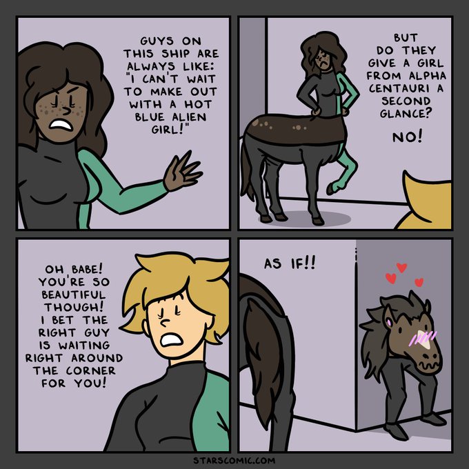 A four-panel comic from starscomic.com humorously depicting centaur and minotaur women questioning whether anyone gives a girl from 'Alpha Centauri' a second glance, ending with a cute minotaur blushing.