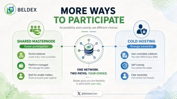 Infographic from 'BELDEX' titled 'MORE WAYS TO PARTICIPATE', comparing options between 'SHARED MASTERNODES' (lower participation, partial validator) and 'COLD HOSTING' (program rewards, user-controlled address) with a 'BELDex' platform in the middle.